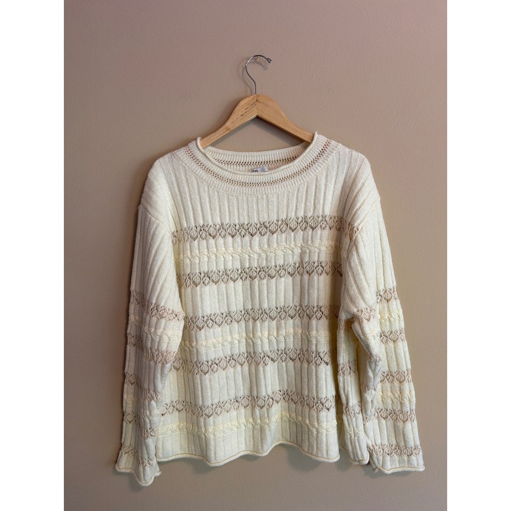 Zara Womens Cream Pointelle‎ Cable Knit Ribbed Crewneck Sweater Off White Ivory